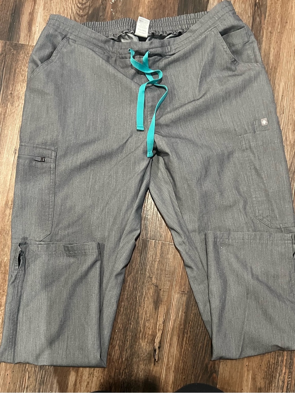 Figs Women's Gray Cargo Scrub Pants with Teal Drawstring